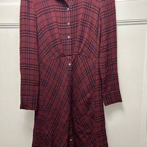 Thakoon Burgundy and Navy Plaid Long Sleeve Shirt Dress